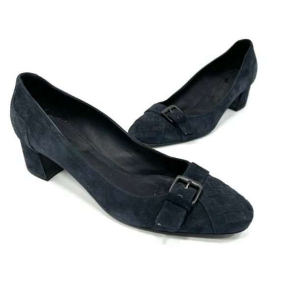 Bottega Veneta Womens Suede Weave Heels Pumps Size 41 Navy - Picture 1 of 7